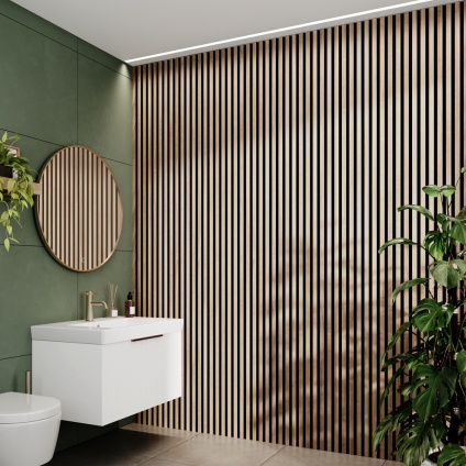 lifestyle image of camden oak and black slatted waterproof wall panels in bathroom with white vanity unit SAN102